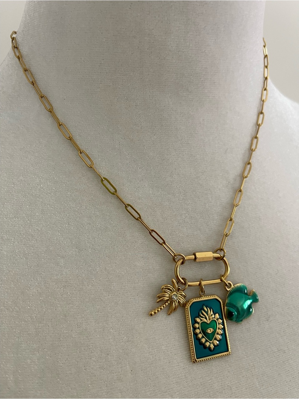 Gold-Tone & Teal Heart Charm Necklace
